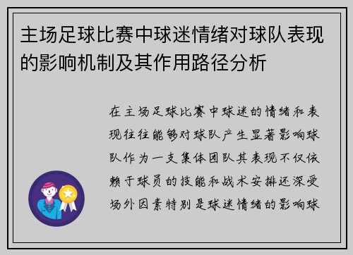 主场足球比赛中球迷情绪对球队表现的影响机制及其作用路径分析 主场足球比赛中球迷情绪对球队表现的影响机制及其作用路径分析